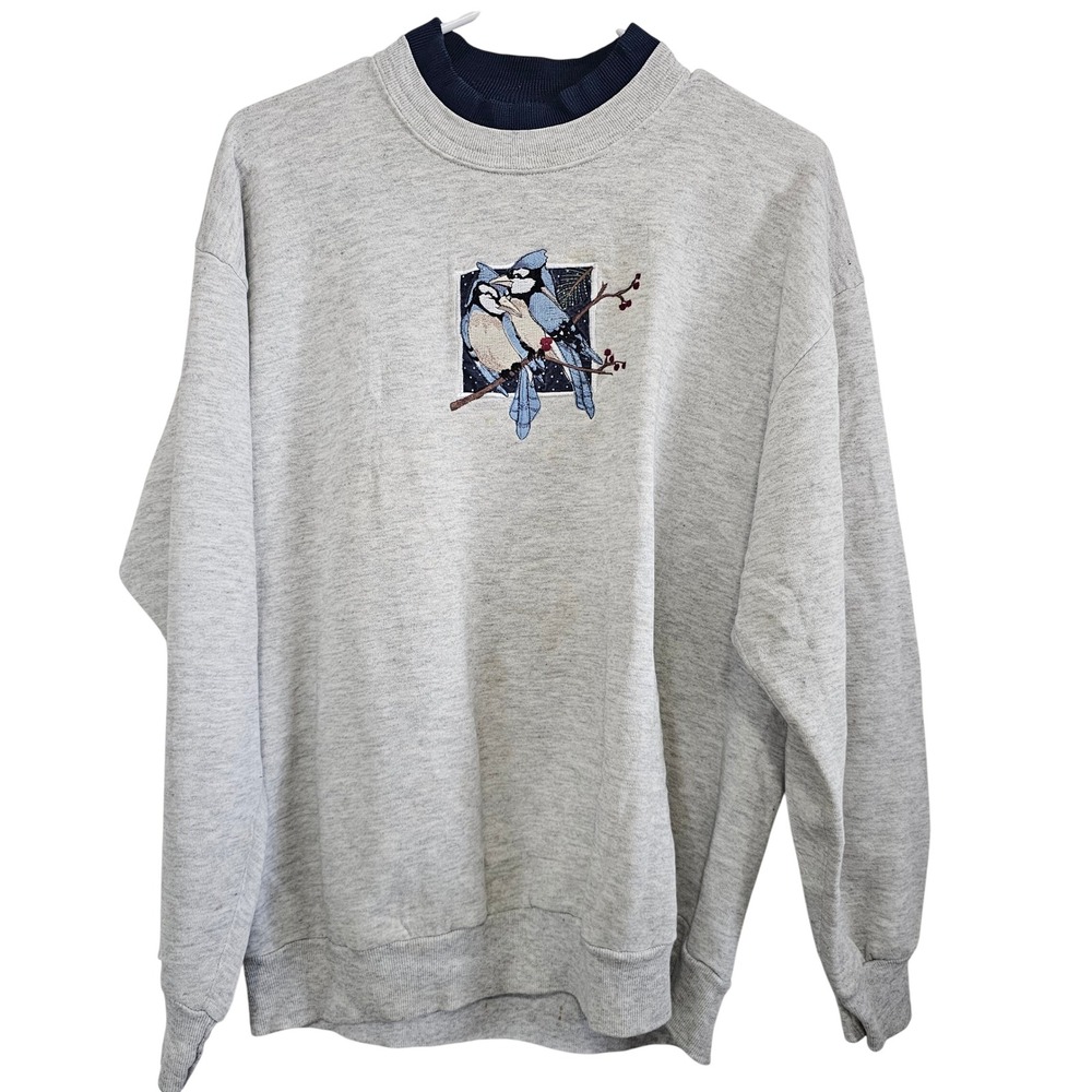 Vintage Top Stitch Morning Sun Blue Jay Embroidered Sweatshirt Grey Mens XL USA‎